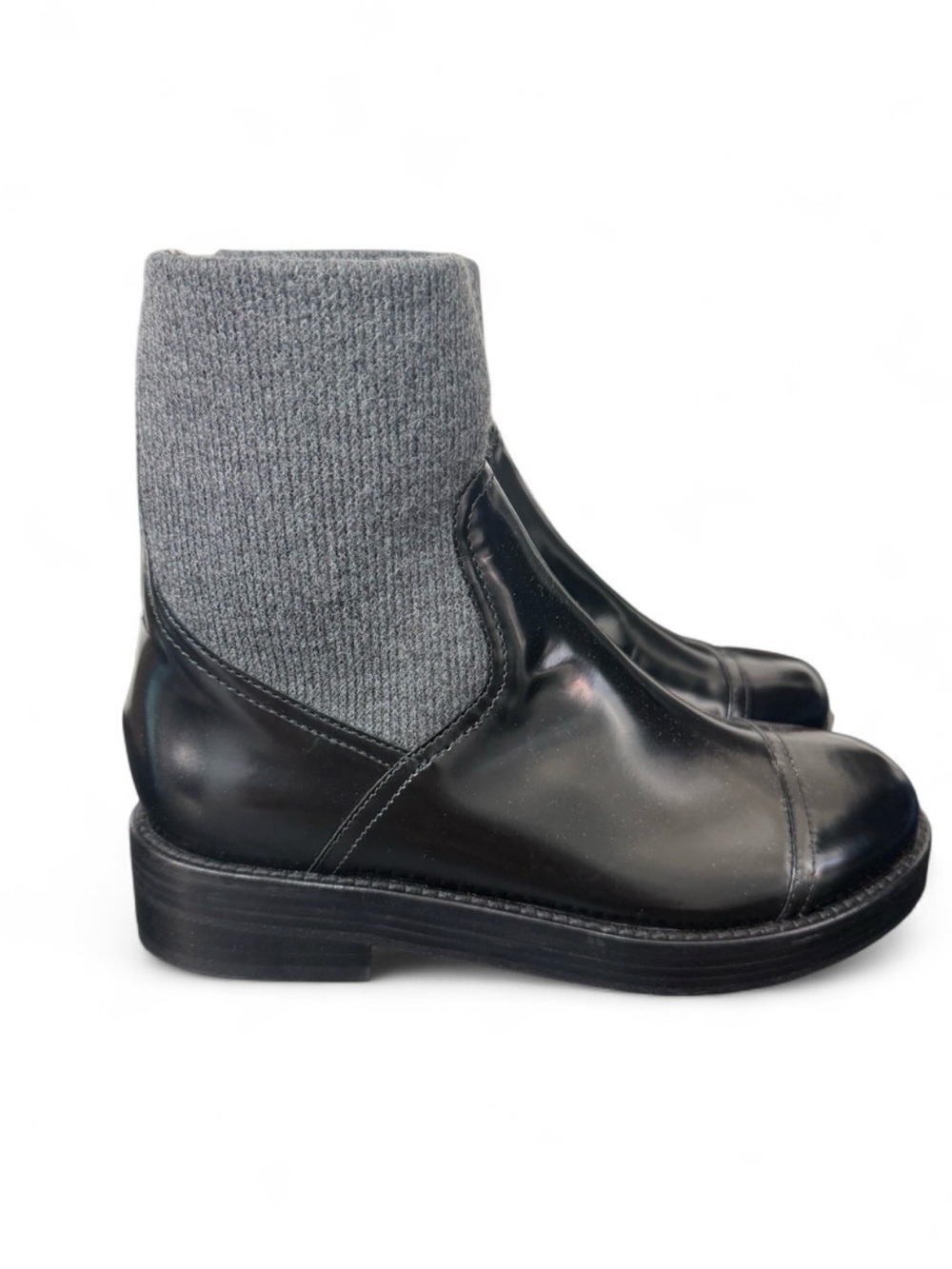 J.Crew Spazzo Ribbed Cuff Ankle Boots Black Patent Leather Gray Knit 7.5